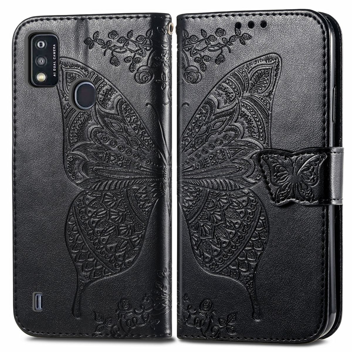 Schwarze Handyhülle, Schmetterling geprägt. Geöffnet, das Telefon enthüllt.