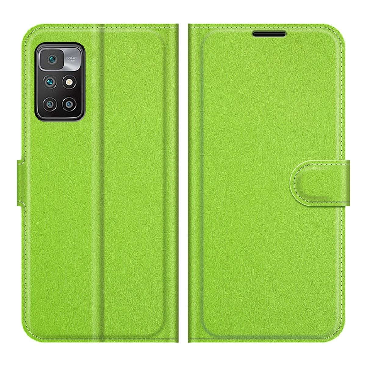 Grüne Handyhülle, geschlossen. Telefon mit Kamera sichtbar. Grünes Äußeres.