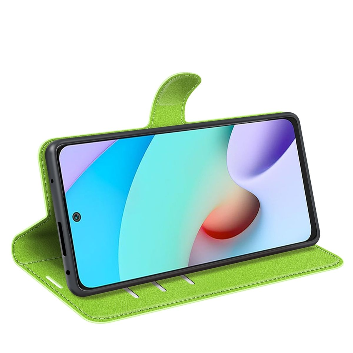Grüne Handyhülle mit einem Telefon darin. Der Bildschirm ist an.