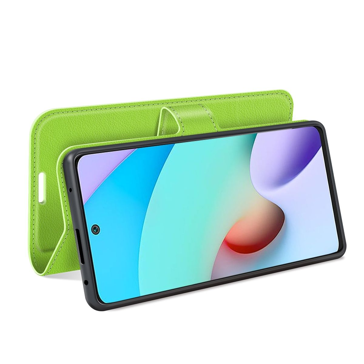 Grüne Handyhülle mit Telefon. Das Telefon zeigt eine farbenfrohe Anzeige.
