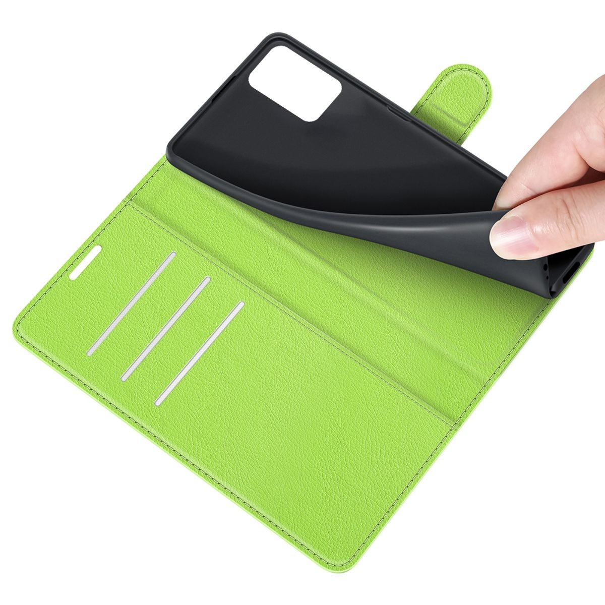 Grüne Handyhülle, geöffnet, um die Innenseite zu zeigen. Eine Hand nimmt das Telefon aus der Hülle.