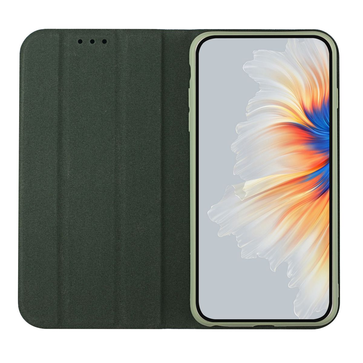 Geöffnete dunkelgrüne Handyhülle mit Telefon, Bildschirm sichtbar, mit Kartenfächern.