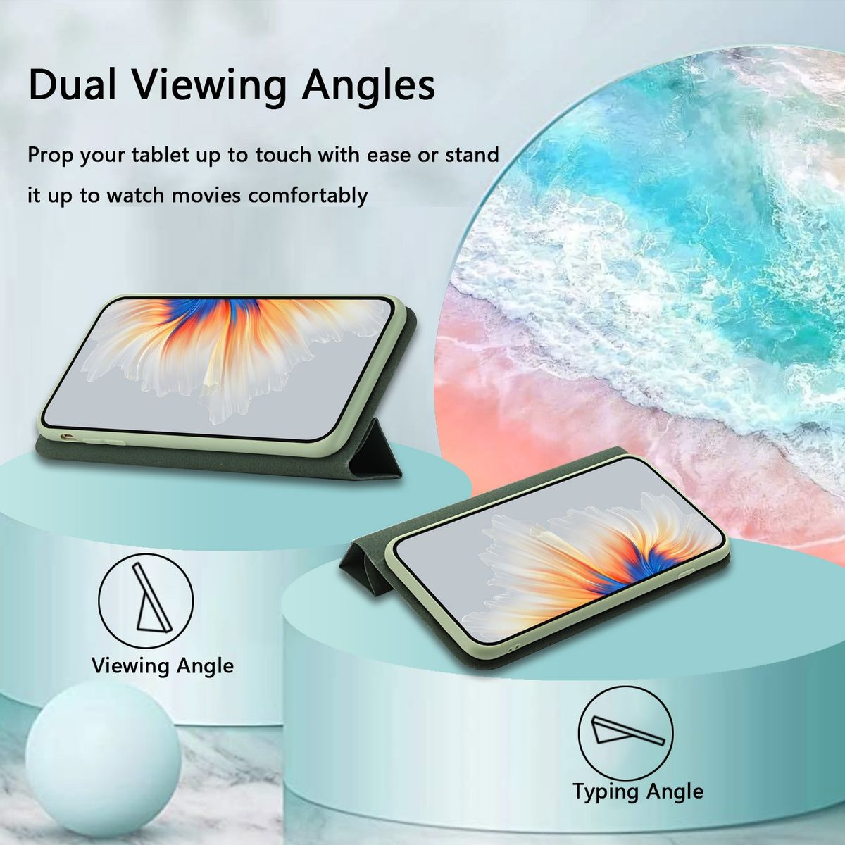 Zwei Tablets in Hüllen mit zwei Betrachtungswinkeln. Eines ist aufgestellt, das andere liegt flach auf einem Ständer.