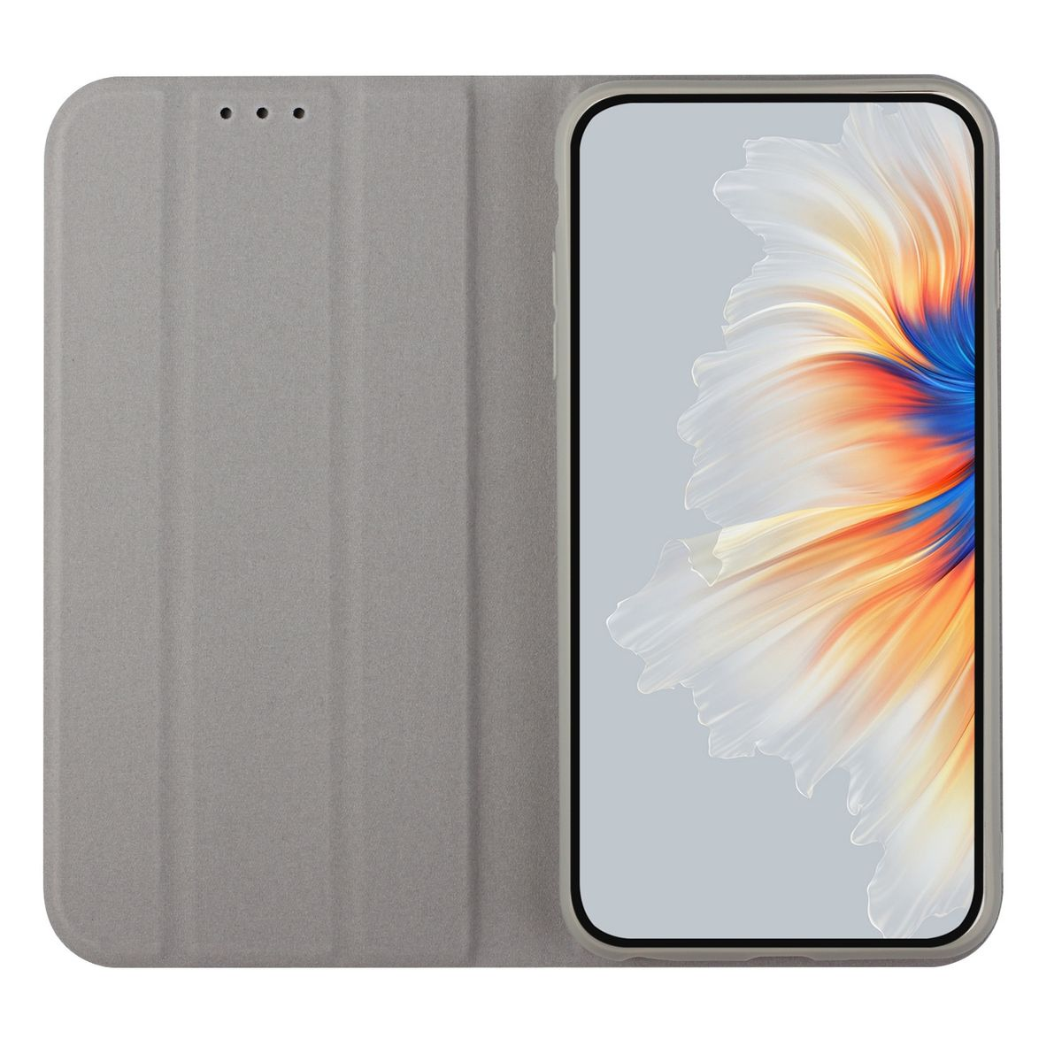 Graue Handyhülle mit Telefon darin. Die Hülle ist offen und der Bildschirm des Telefons ist sichtbar.