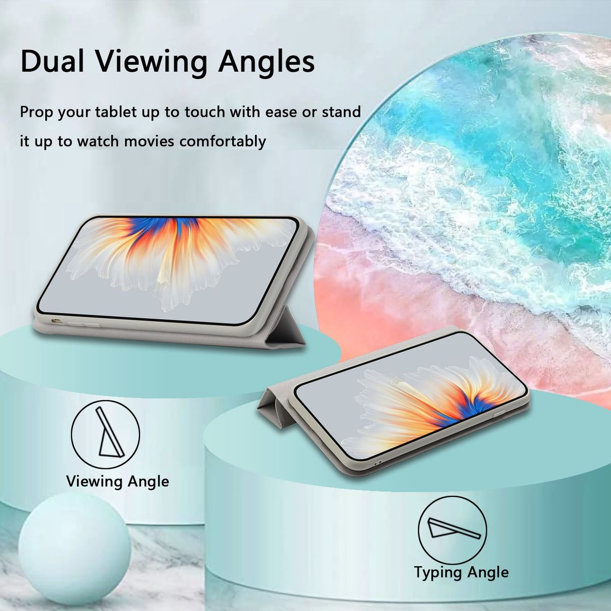 Tablet-Hülle mit Tablet, Text: 'Dual Viewing Angles', plus Diagramme für Betrachtungs- und Tippwinkel.