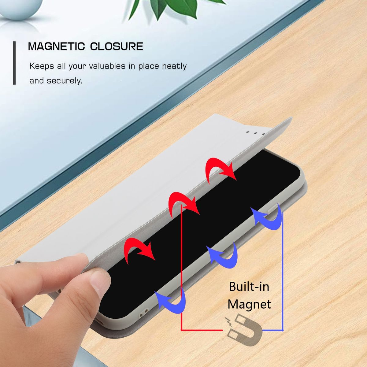 Geöffnete Handyhülle, die den Magnetverschluss zeigt. Rote Pfeile zeigen die magnetische Anziehungskraft. Eingebauter Magnet wird angezeigt.