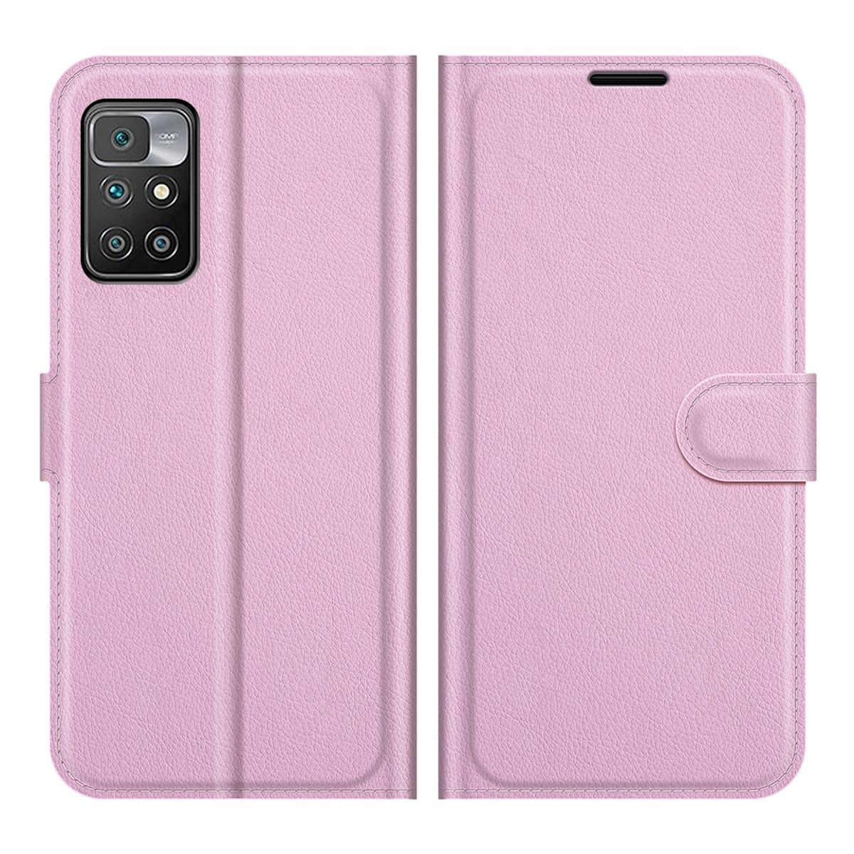Ein rosa Handyhülle offen, das Telefon und einen Knopfverschluss zeigend, auf weißem Hintergrund.