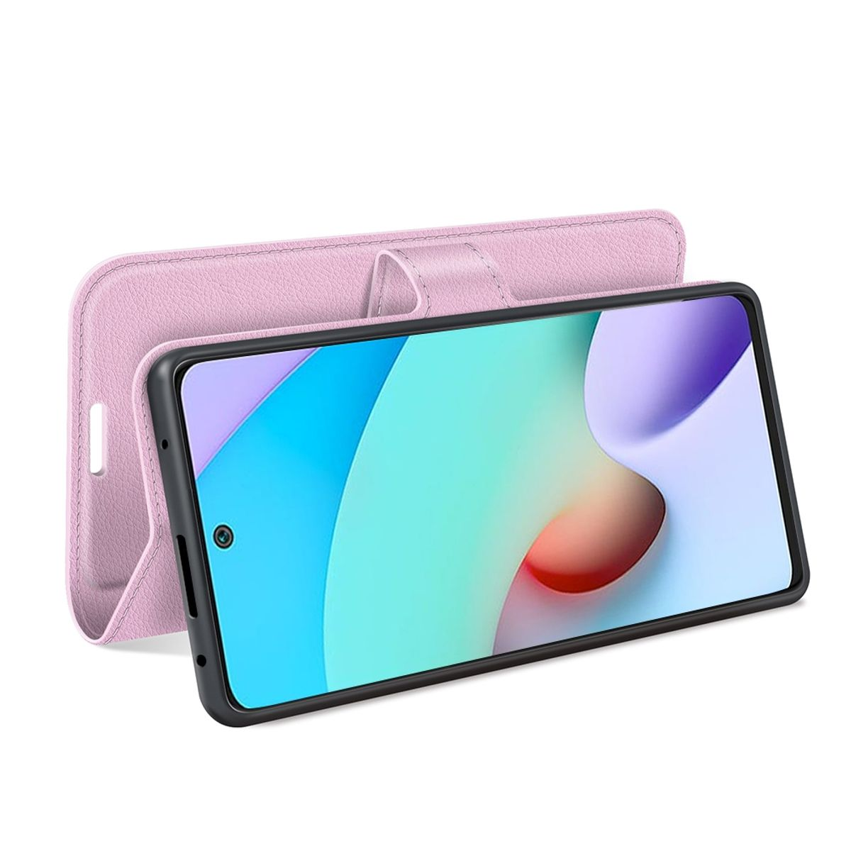 Rosa Handyhülle mit Telefon darin. Gehäuse ist zur Seite offen. Weißer Hintergrund.