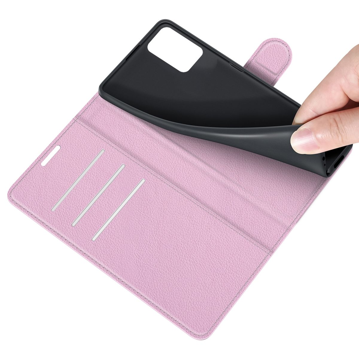 Rosa Handyhülle, geöffnet. Eine Hand zieht ein schwarzes Telefon aus der Hülle.