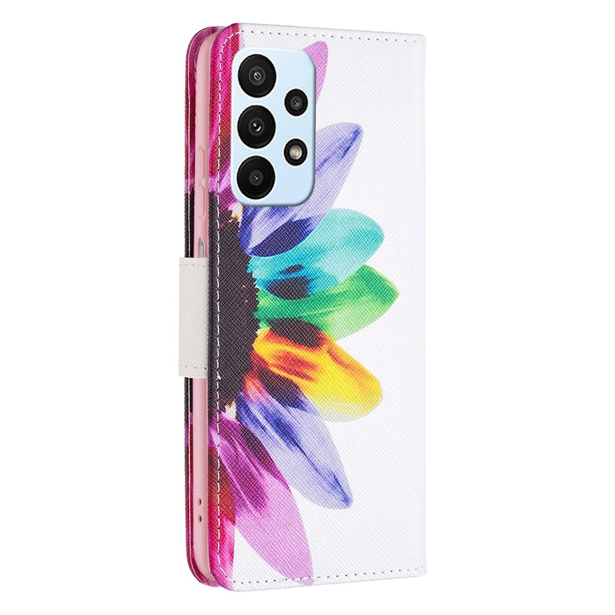 Weiße Handyhülle mit buntem Blumendesign. Die Hülle ist geöffnet, mit einem Handy darin. Rosa Innenseite.