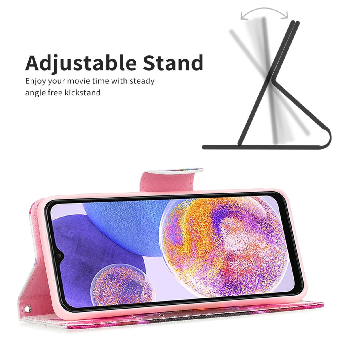 Rosa Handyhülle mit verstellbarem Ständer. Das Telefon befindet sich im Querformat und der Ständer ist abgewinkelt.