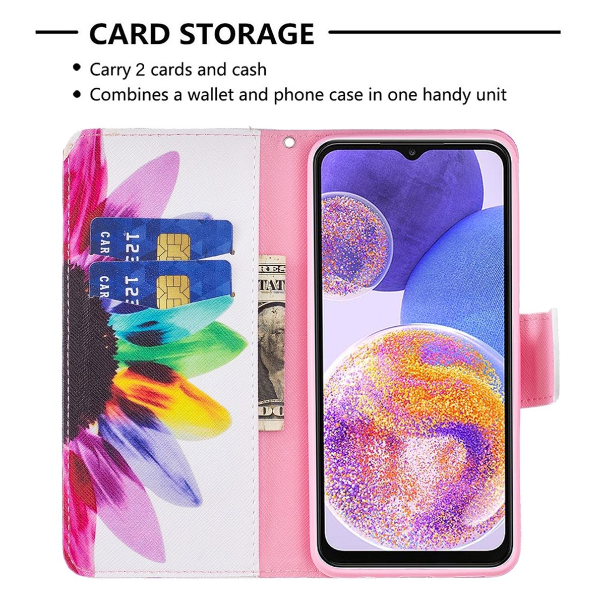 Pinke Handyhülle mit Blumendesign, Kartenfächern und Geld. Geöffnet, mit Telefon darin.