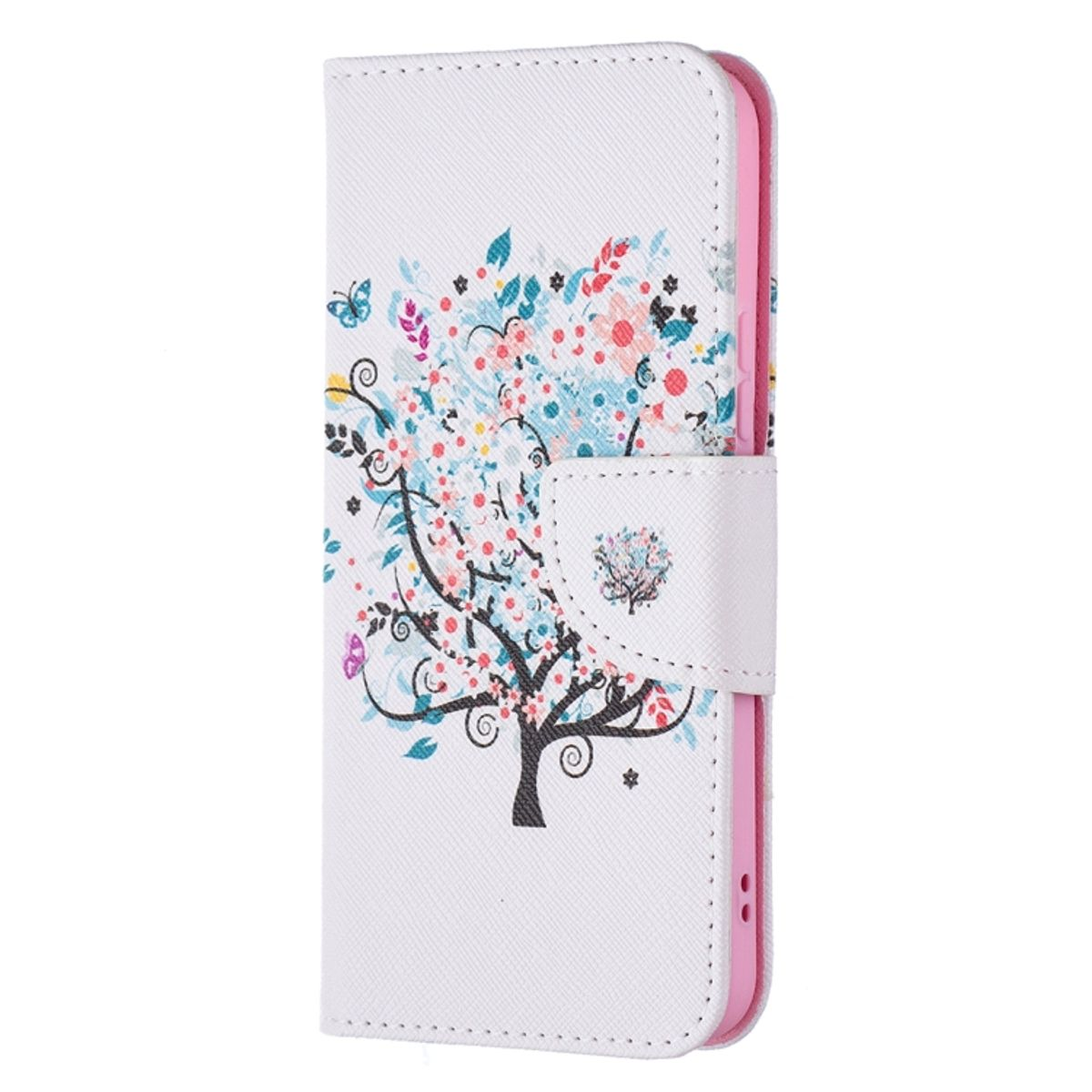 Weiße Handyhülle mit floralem Design, mit einem Baum und Schmetterlingen darauf.