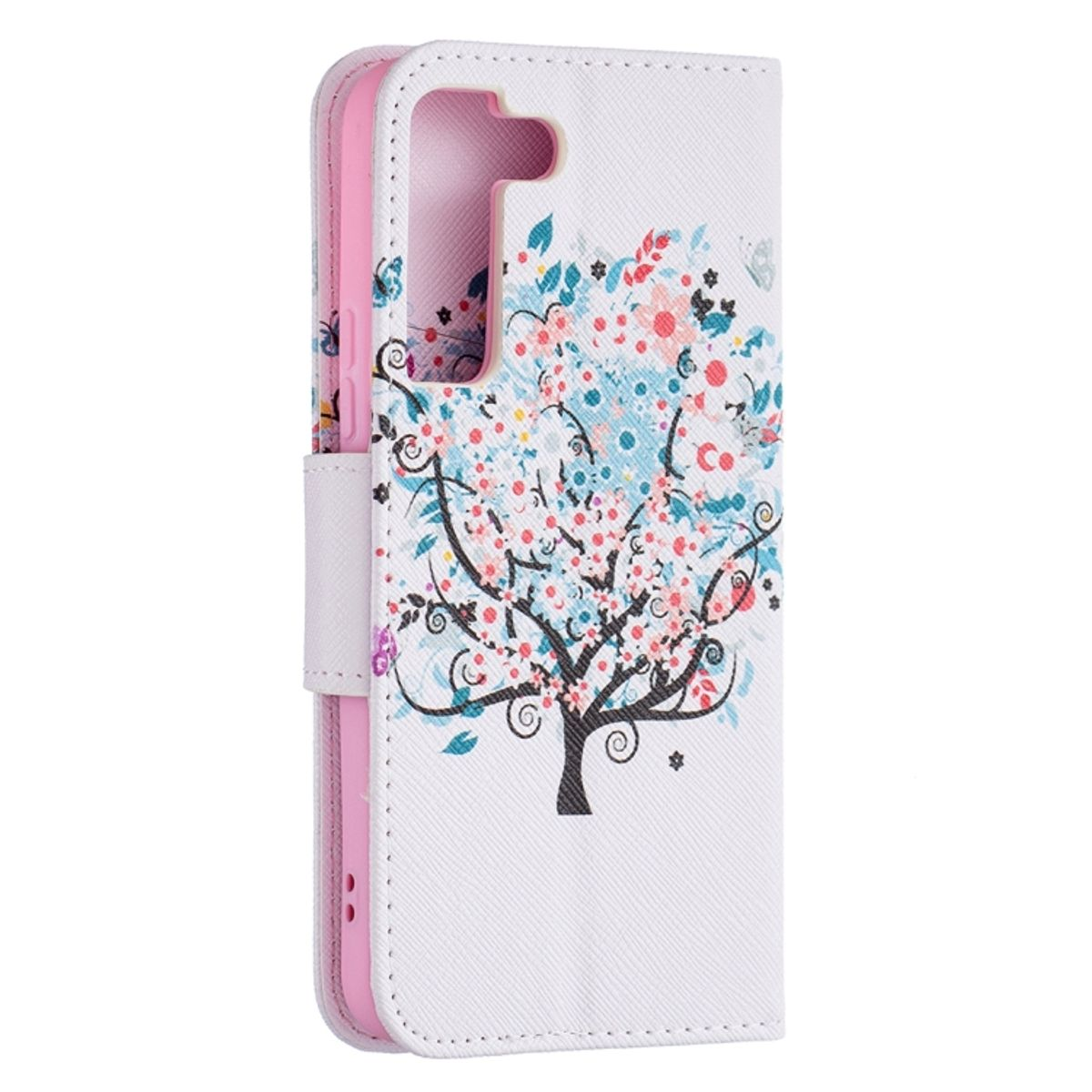 Eine weiße Handyhülle mit floralem Design. Ein rosa Innenraum ist sichtbar.