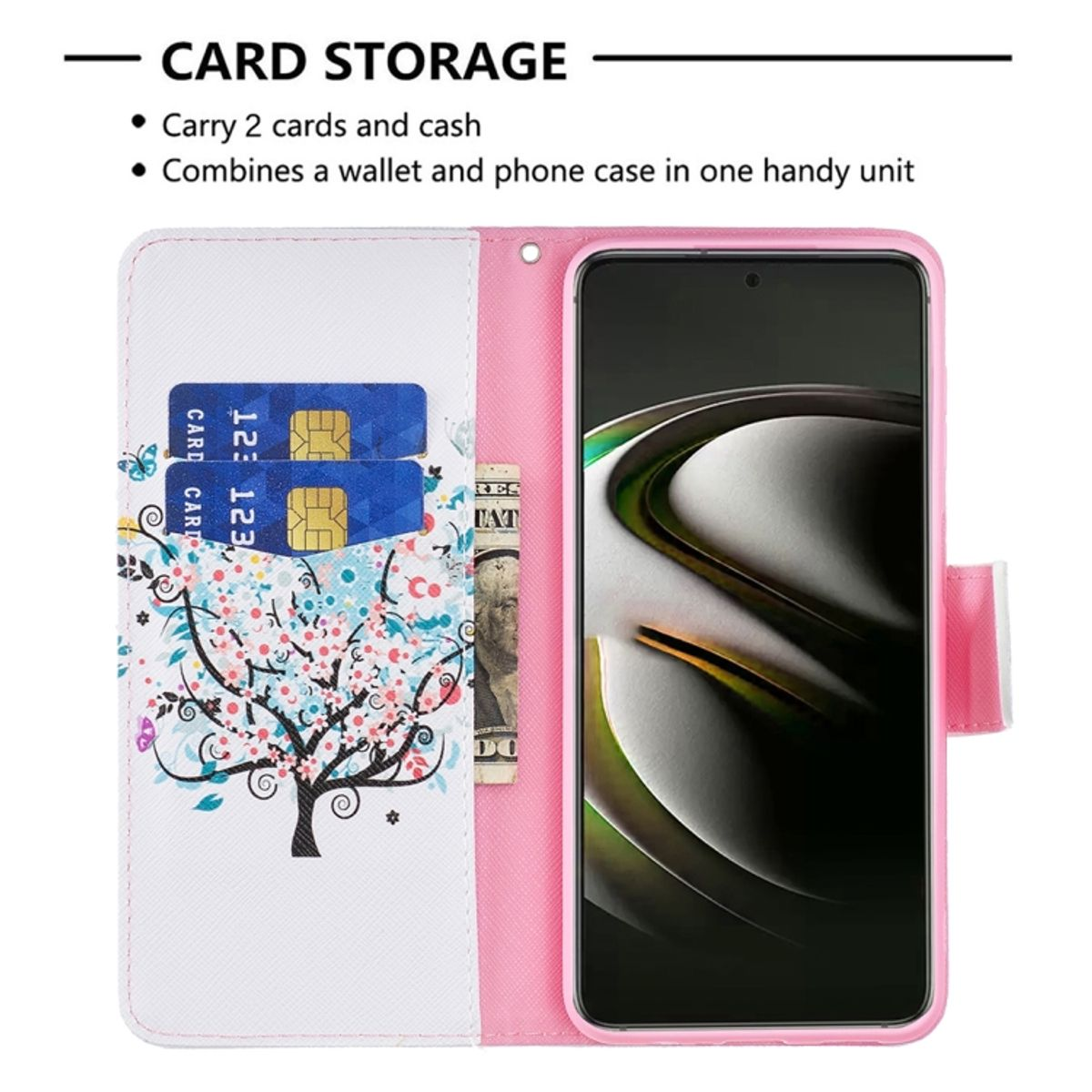 Pinke Handy-Brieftasche geöffnet. Enthält Karten, Bargeld und ein Telefon mit Blumendesign.