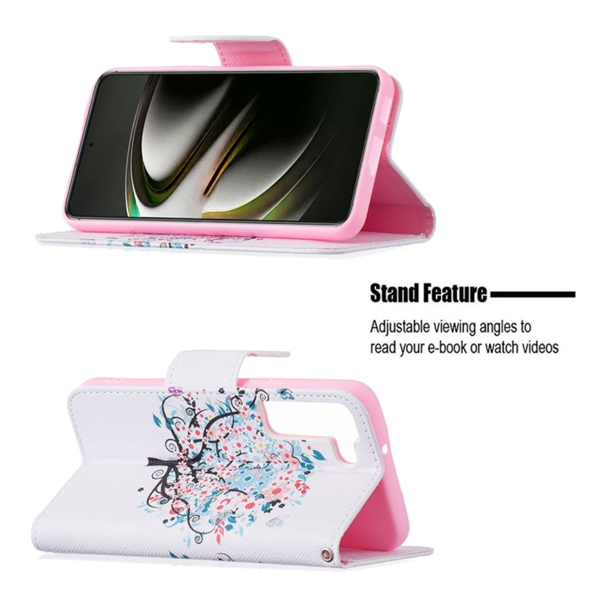 Rosa-weißes Handycase, offen. Oben Telefon, unten Blumendesign. Standfunktion wird beschrieben.