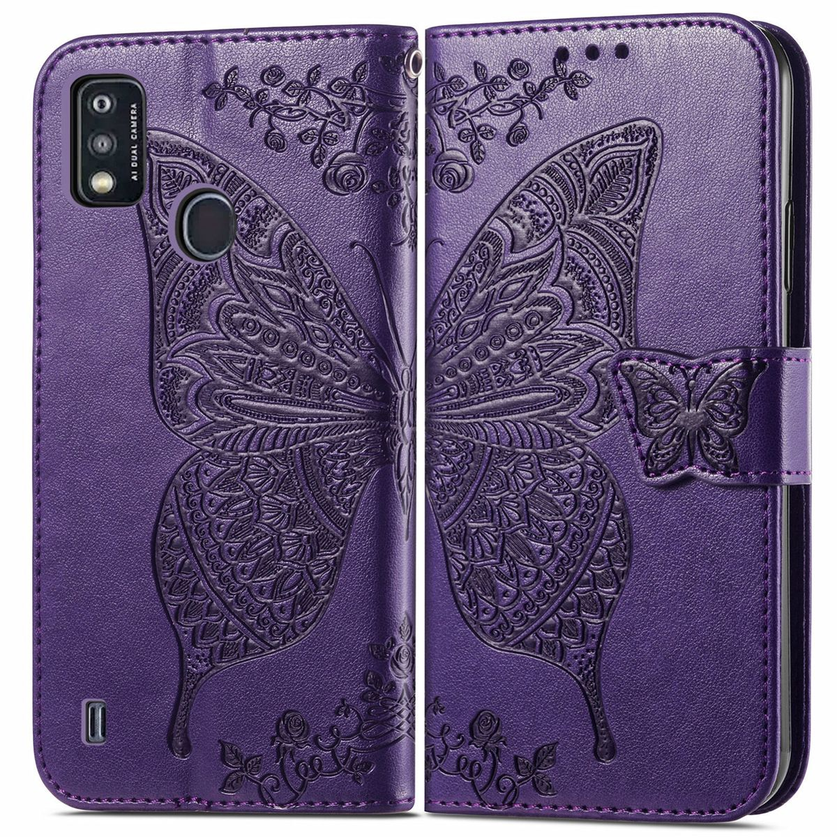 Lila Handyhülle mit geprägtem Schmetterlingsdesign, offen. Das Design ist auf beiden Teilen.