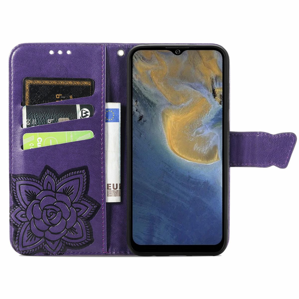 Lila Handyhülle mit Blumendesign und Kartenfächern. Telefon ist sichtbar.