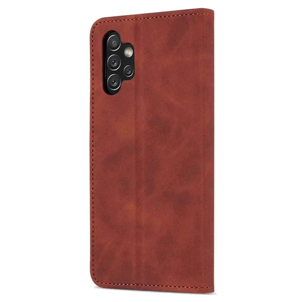Eine braune Leder-Handyhülle, geschlossen, mit sichtbarer Kamera.