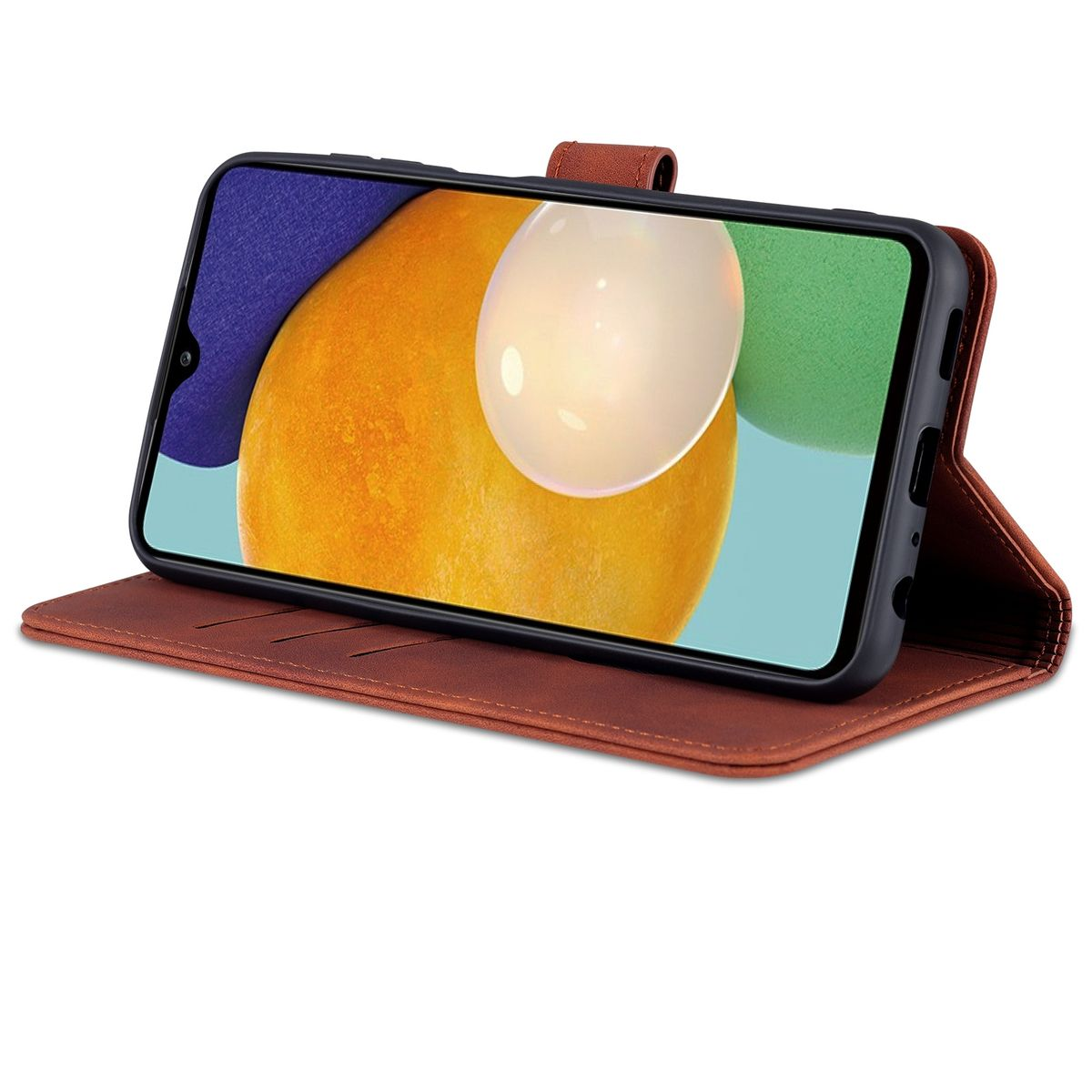 Braune Handyhülle mit einem Telefon darin. Der Telefonbildschirm zeigt einen bunten Hintergrund.