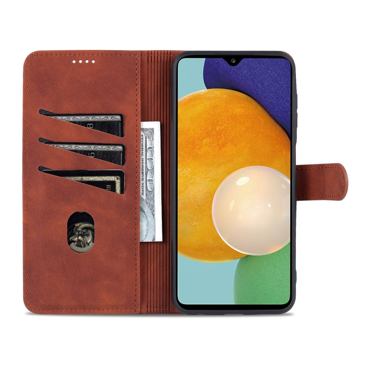 Braune Handyhülle mit Karten- und Geldscheinfächern, Telefon rechts.