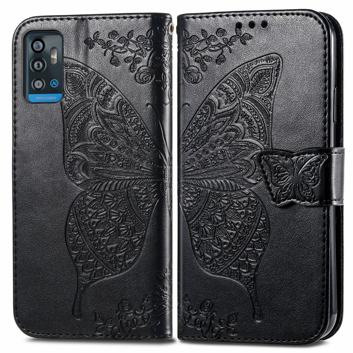 Schwarze Handyhülle mit geprägtem Schmetterlingsdesign, offen. Das Design ist auf beiden Teilen.