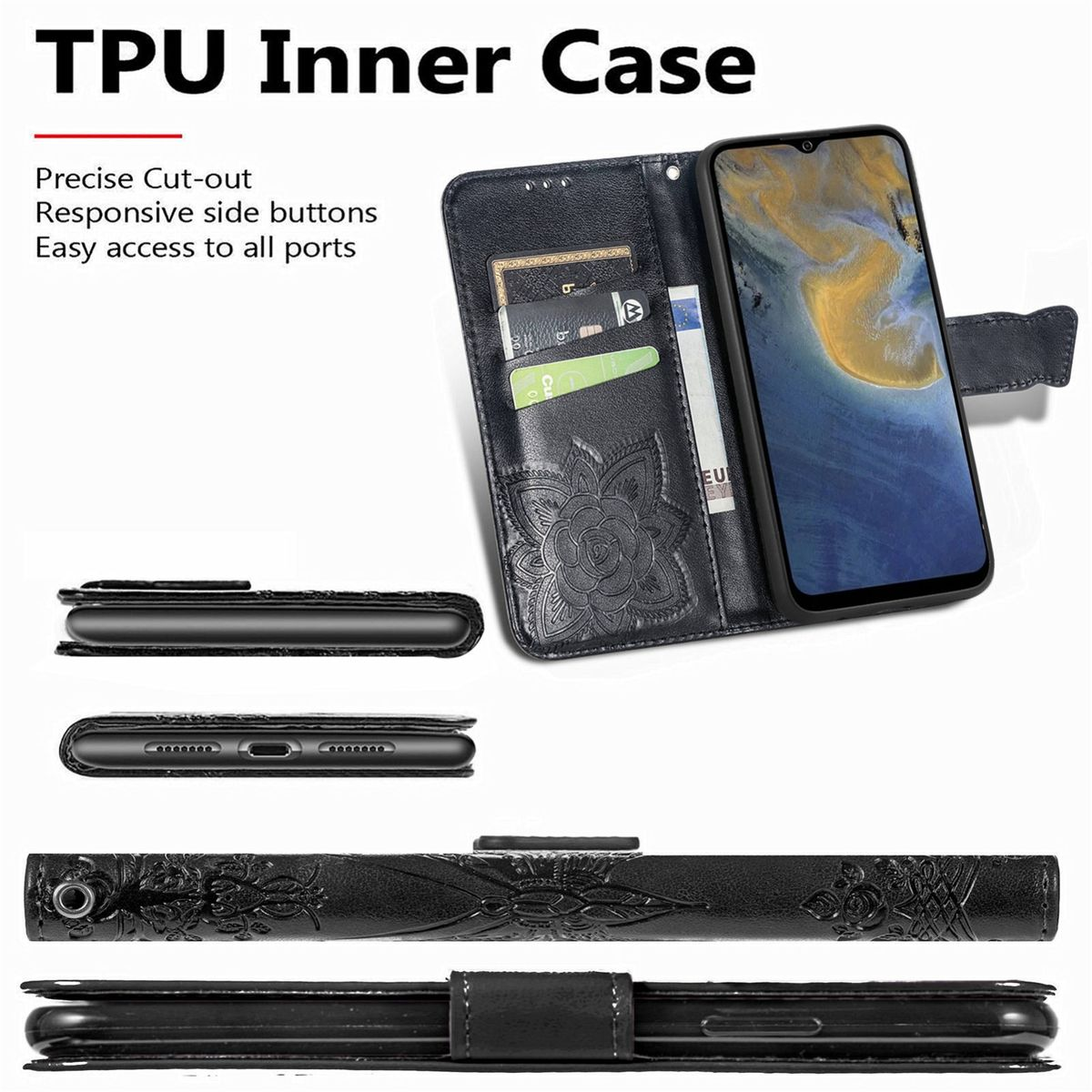 Schwarze Handyhülle mit floralem Design, Kartenfächer und Telefon sichtbar.
