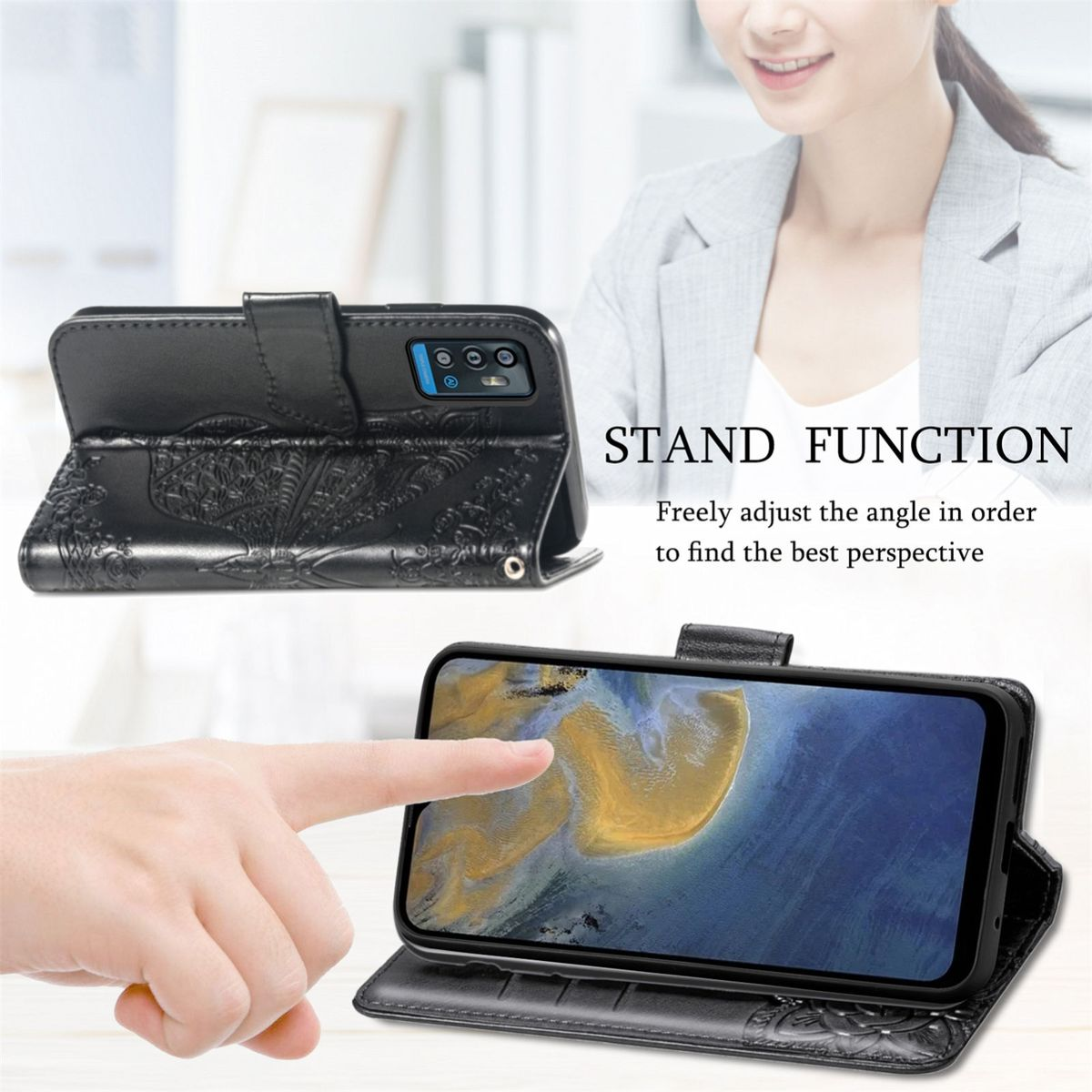 Schwarze Handyhülle mit floralem Design. Eine Hand berührt den Telefonbildschirm. Frau im Hintergrund.