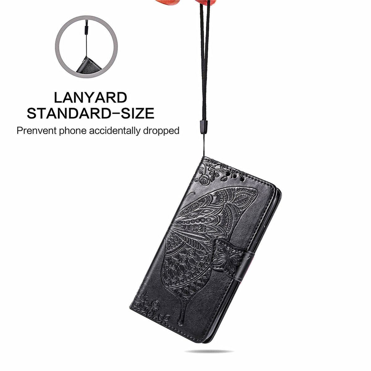Schwarze Handyhülle mit Schmetterlingsdesign und schwarzem Schlüsselband.