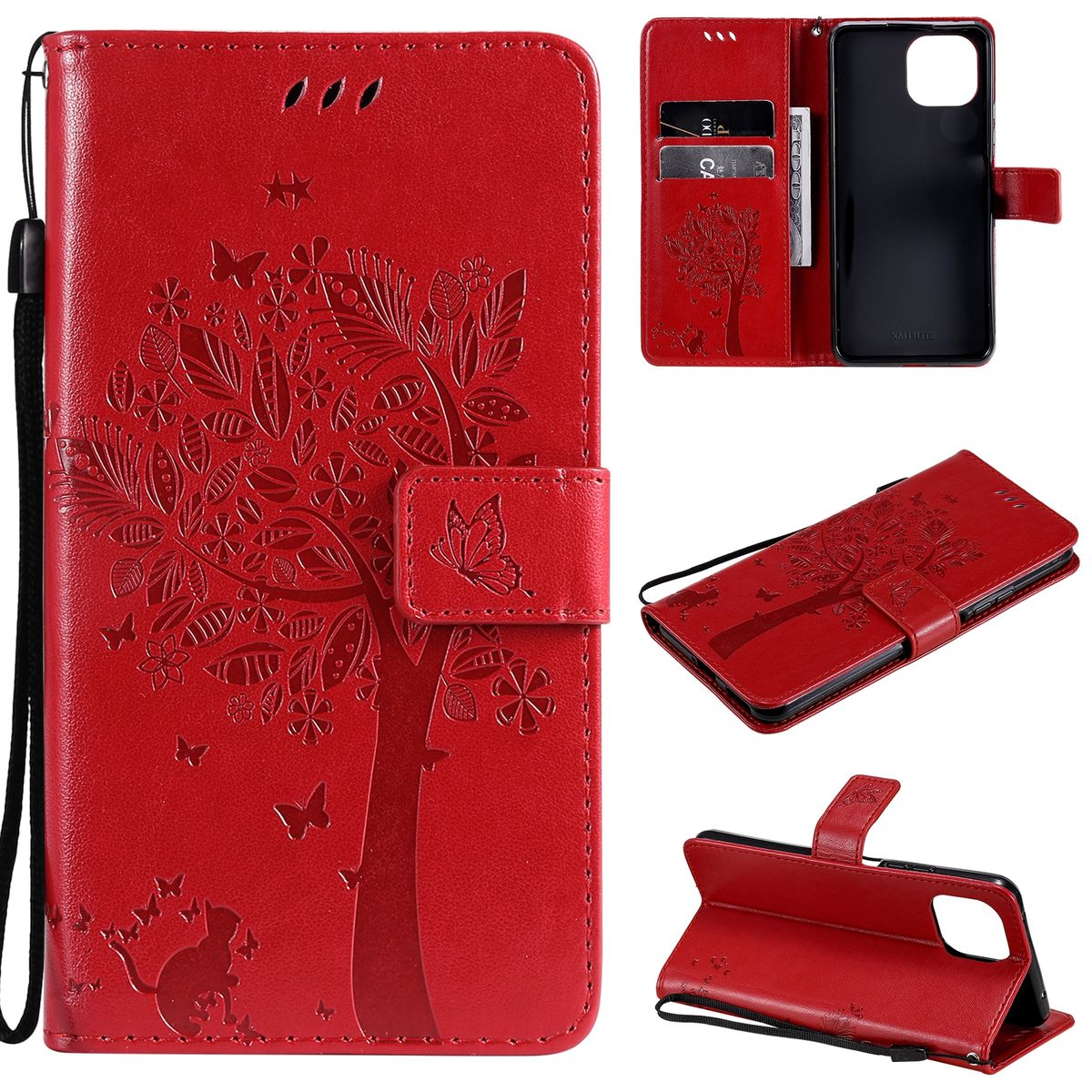 Rote Handyhülle mit Baum- und Schmetterlingsdesign, mehrere Ansichten. Mit einer Katzen-Silhouette.
