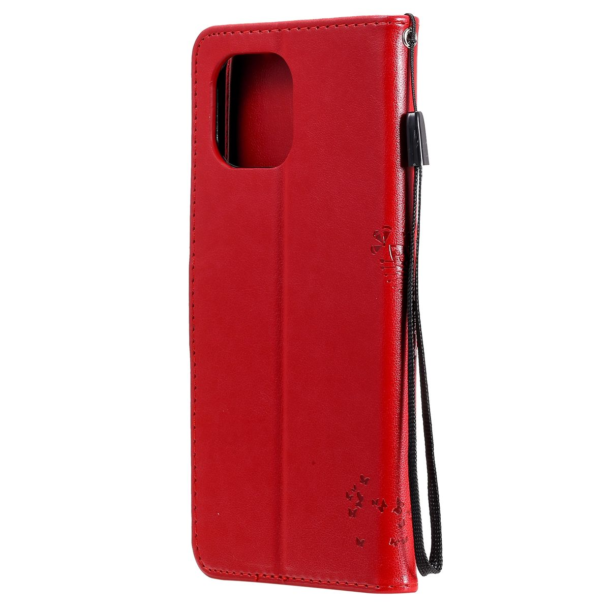 Rote Handyhülle mit schwarzem Riemen und Schmetterlingsdesign. Die Hülle ist geschlossen.