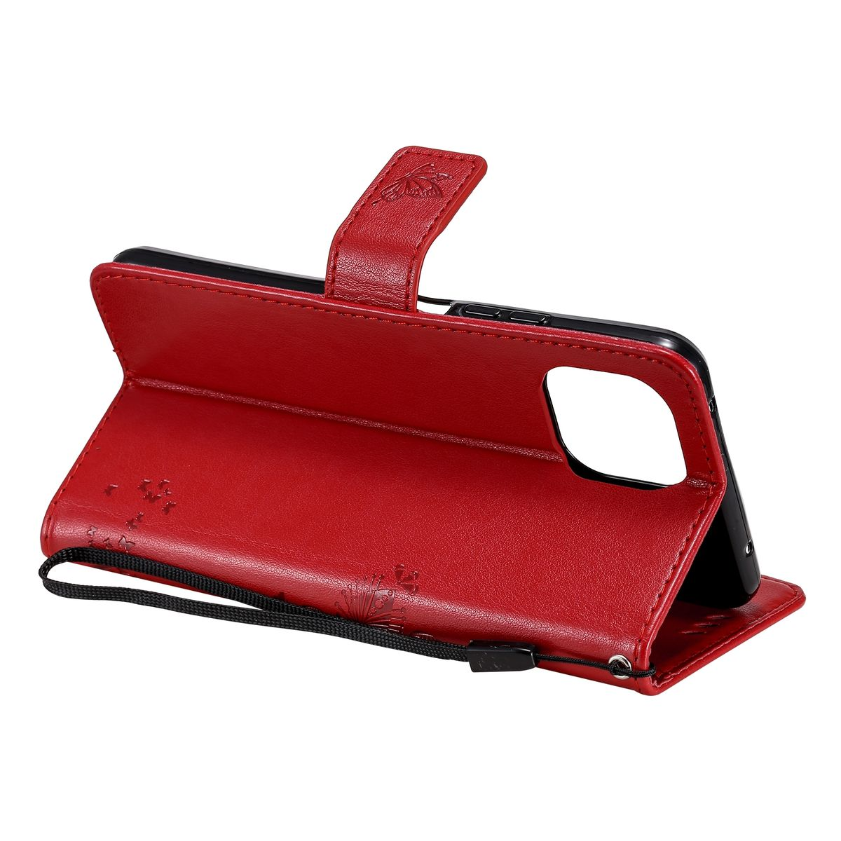 Rote Leder-Handyhülle, geöffnet mit Telefon. Mit Riemen und Blumendetail.