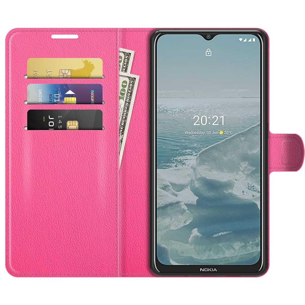 Eine pinke Handyhülle offen mit Telefon, Karten und Bargeld. Das Telefon zeigt Zeit und Datum an.