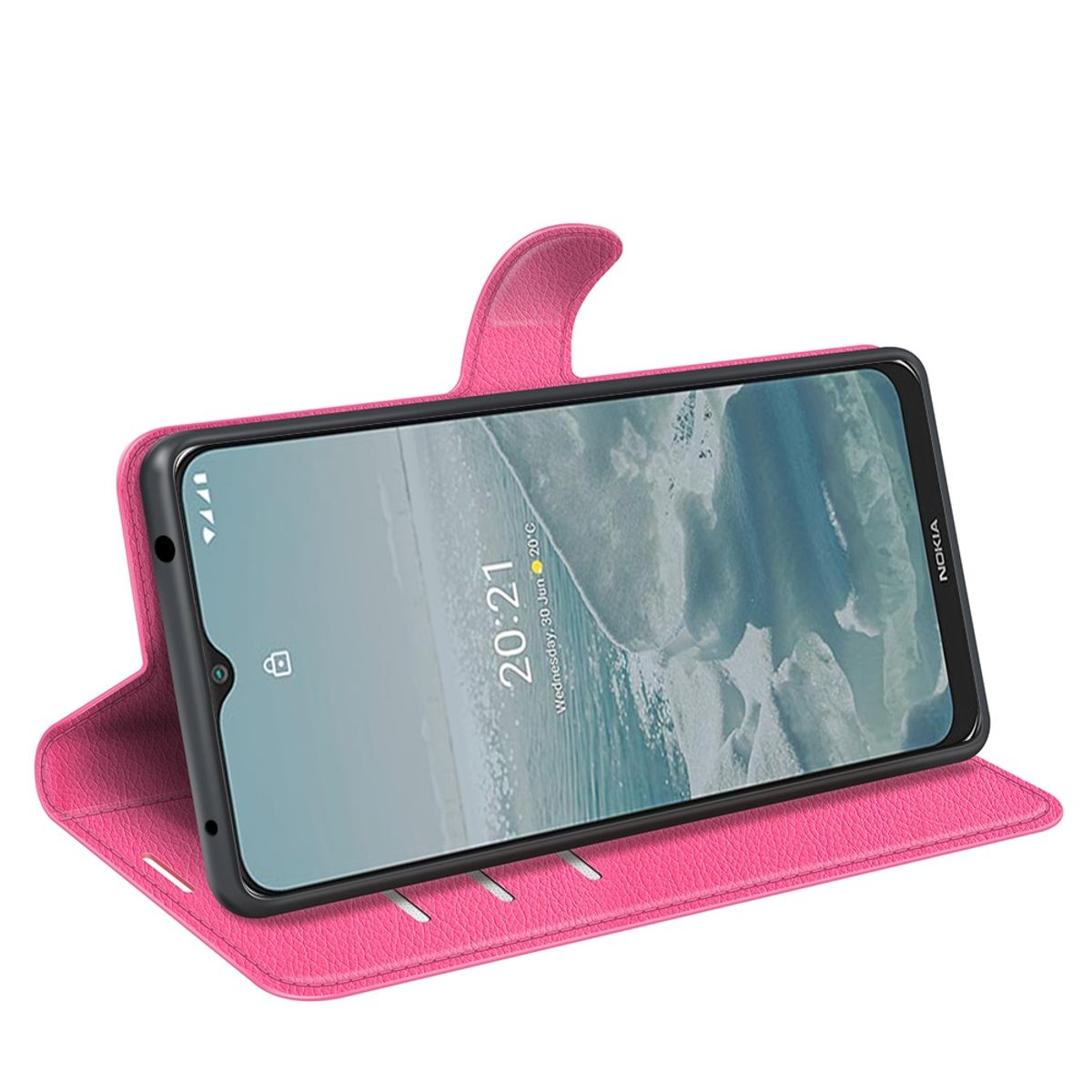 Rosa Handyhülle, Telefon darin. Geöffnete Position. Weißer Hintergrund. Telefon liegt auf dem Tisch.