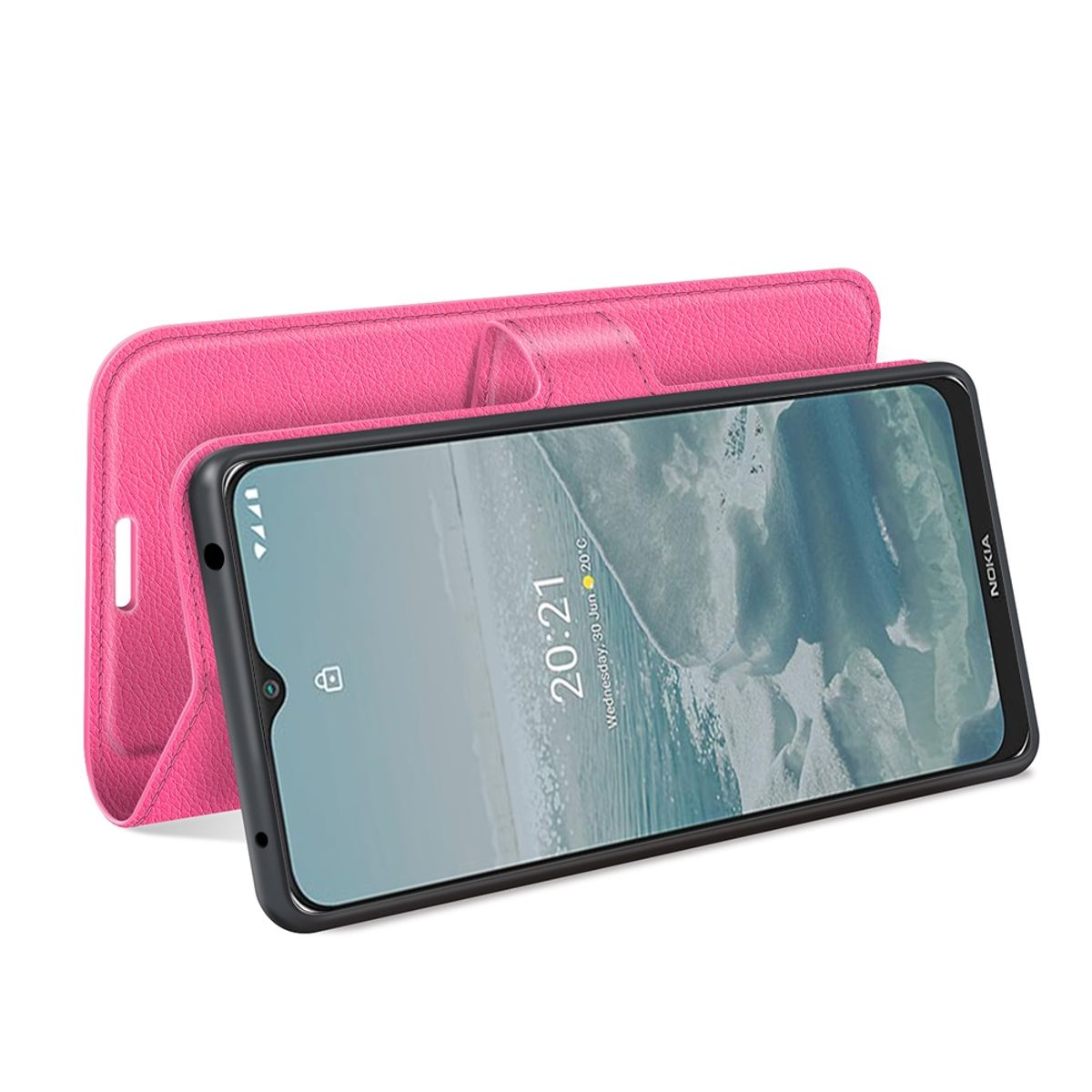 Pinke Handyhülle mit einem Telefon darin. Die Hülle ist offen.