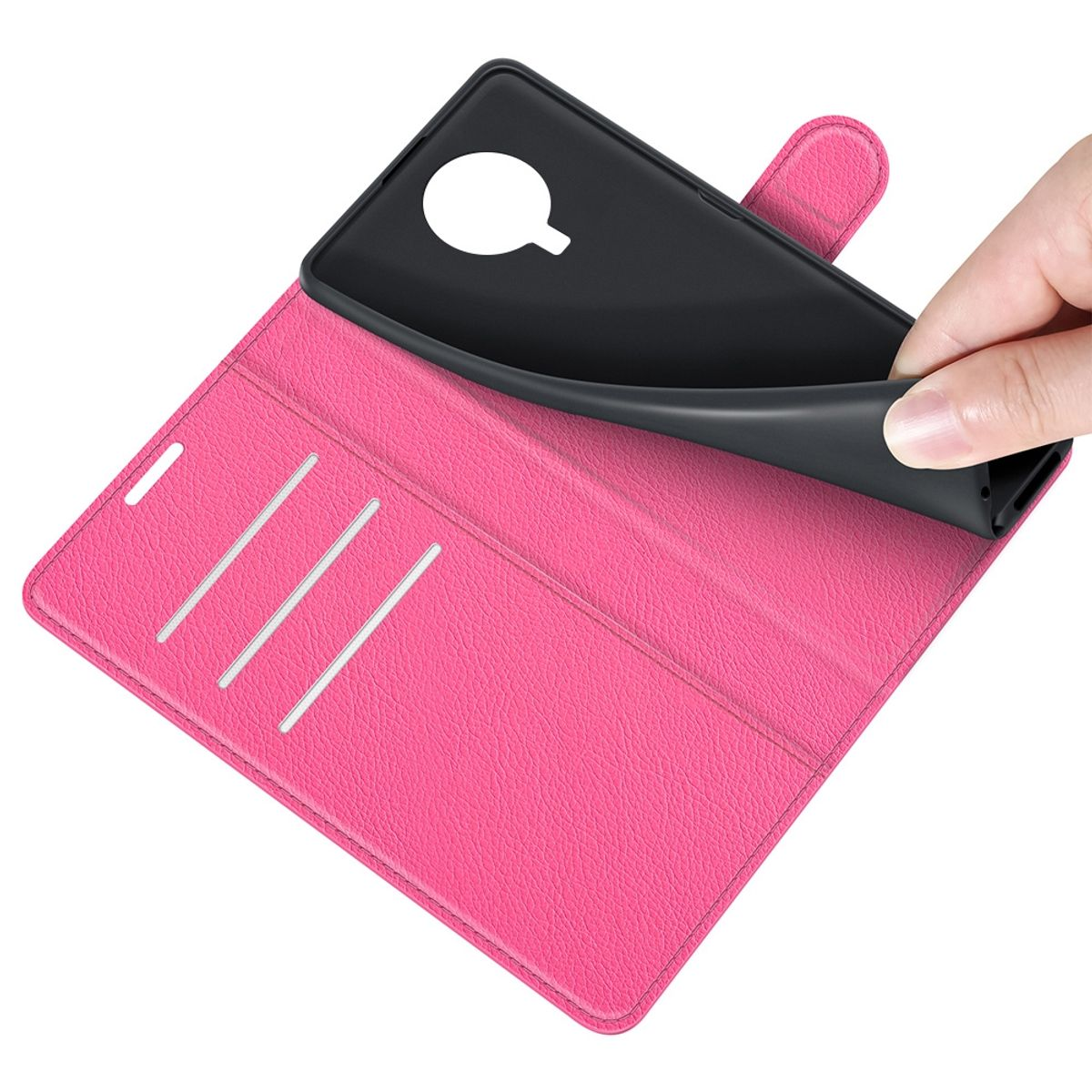 Rosa Handyhülle offen. Eine Hand hält das Telefon und nimmt es aus der Hülle.