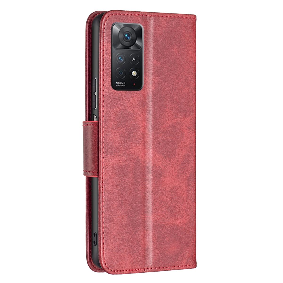 Rote Handyhülle geschlossen, das Telefon darin. Die Hülle ist rot mit Kamera und 108MP-Text.
