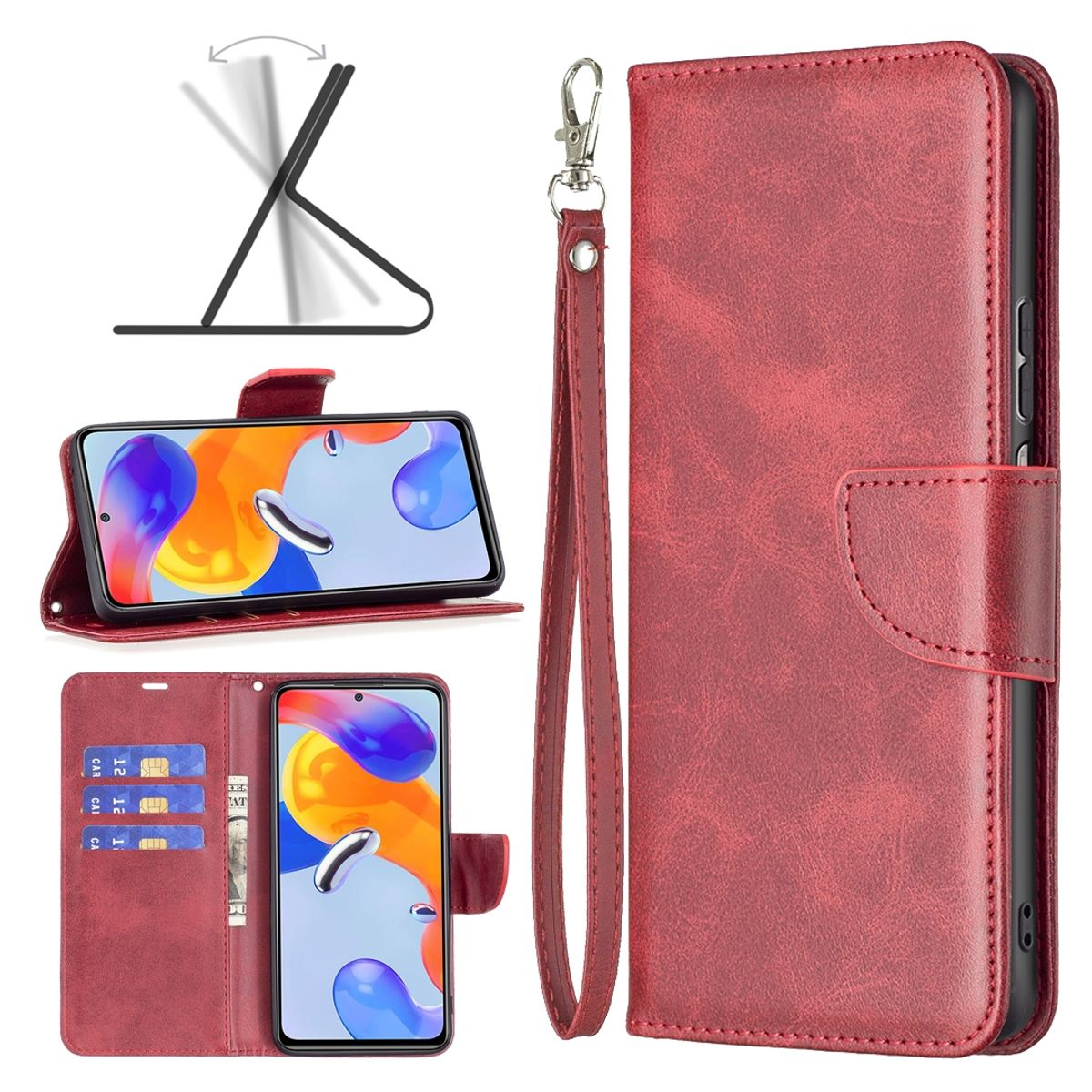 Rote Handyhülle mit Handy, Karten und Riemen. Zeigt stehendes Handy.