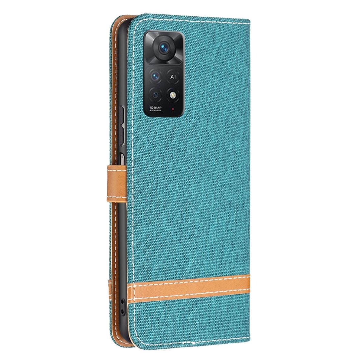 Blau-braune Handyhülle mit Telefon, Magnetverschluss und Nähten.