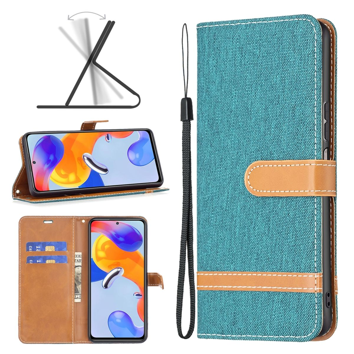 Handyhülle mit Telefon innen, offen und geschlossen. Türkisfarbenes Gehäuse, braune Details und Riemen.