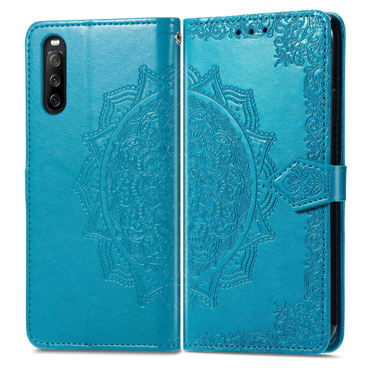 Blaue Handyhülle mit floralem Design. Offen und zeigt ein Telefon im Inneren. Die Hülle ist lederartig.