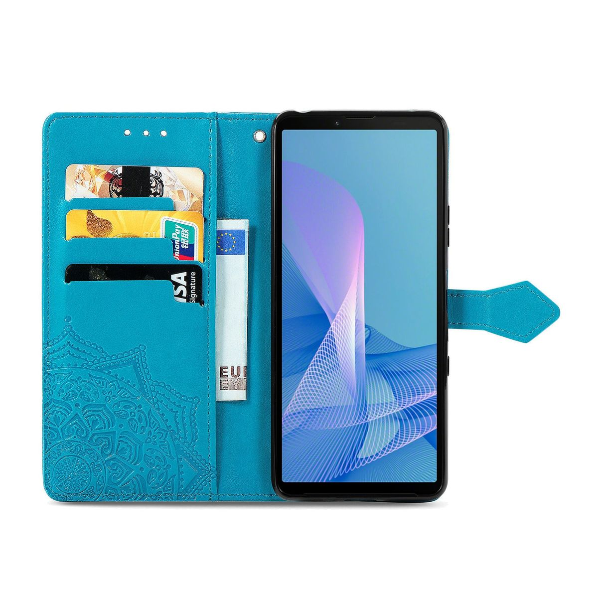 Geöffnete Handyhülle mit Karten, Geld und einem Telefon darin. Es hat ein Mandala-Design.