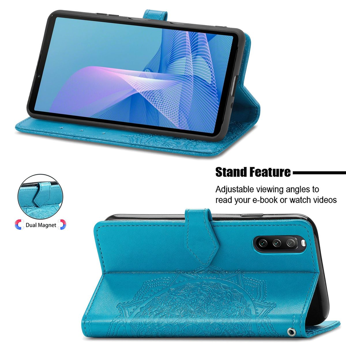Blaue Handyhülle mit Handy, geöffnet. Die Rückseite hat ein Mandala-Design. Mit Ständerfunktion.