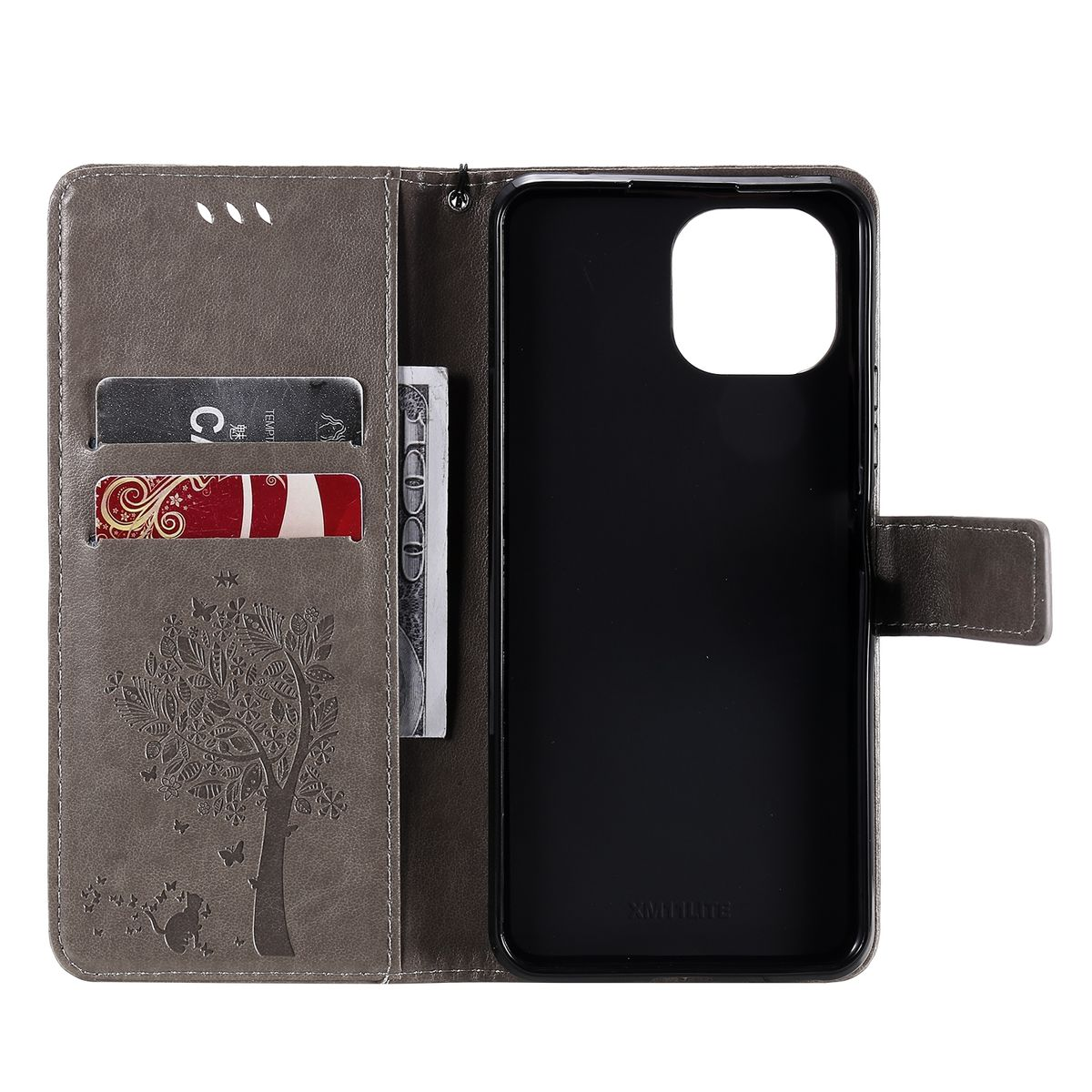 Graue Leder-Handyhülle mit Baumdesign. Geöffnet, mit Kartenfächern, Bargeld und Telefonfach.