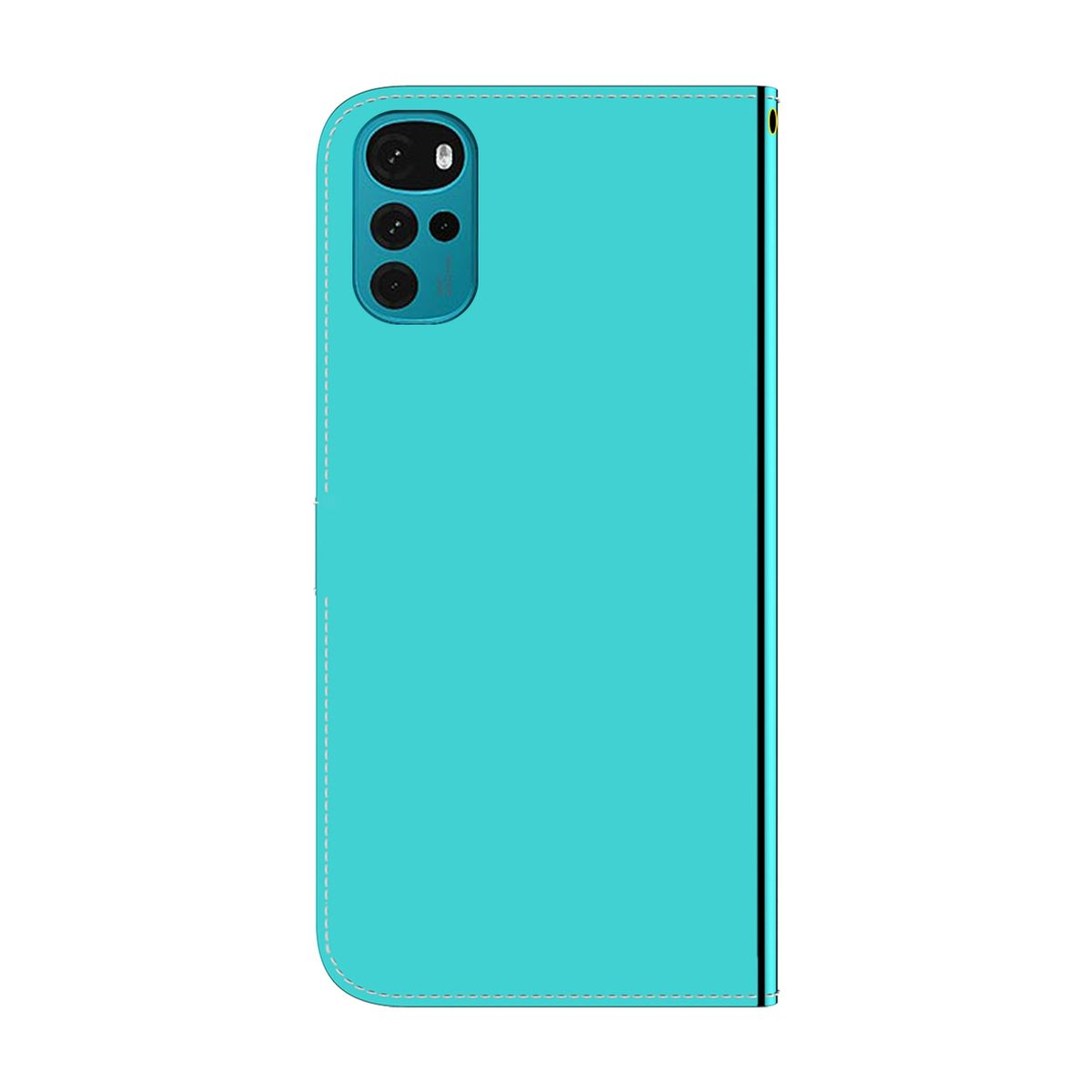 Eine türkisblaue Handyhülle mit einem Handy auf der rechten Seite. Weiße Nähte. Kamera oben links.