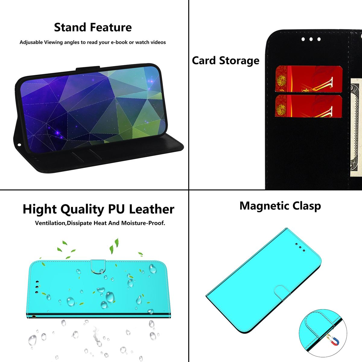 Collage von Handyhüllen-Funktionen. Standfunktion, Kartenaufbewahrung, hochwertiges Leder, Magnetverschluss.