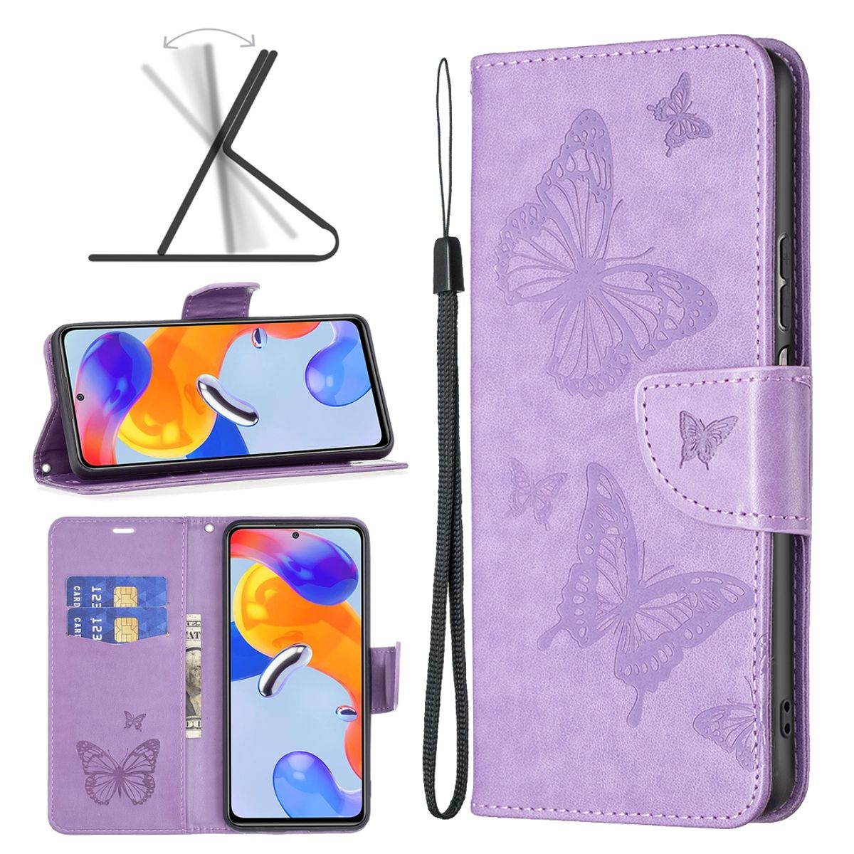 Lila Handyhülle, offen, mit Schmetterlingsdesign. Telefon ist drin. Verfügt über Ständer und Kartenfächer.
