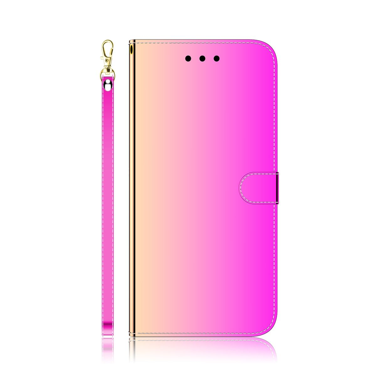 Rosa Farbverlauf-Handyhülle mit passender Handschlaufe, geschlossen. Einfache und reflektierende Oberfläche.