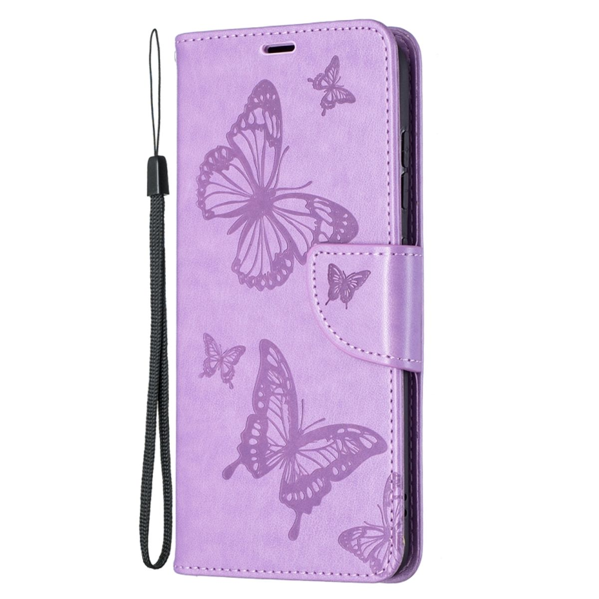 Lila Handyhülle mit Schmetterlingsdesign. Mit mehreren Schmetterlingen und einem Riemen. Weißer Hintergrund.