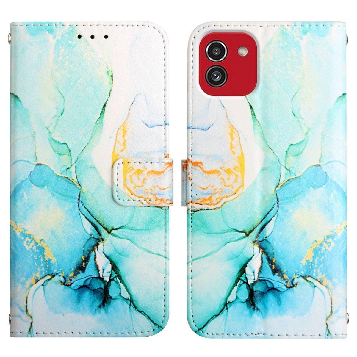 Eine offene Handyhülle mit einem blau-weißen Marmordesign. Die rechte Seite hat einen roten Kameraausschnitt.